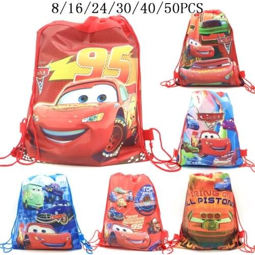 8/16/24/50PCS Cars Lightning McQueen Birthday Party Gifts Non-woven Drawstring Bags Kids Boy Favor Swimming School Backpacks