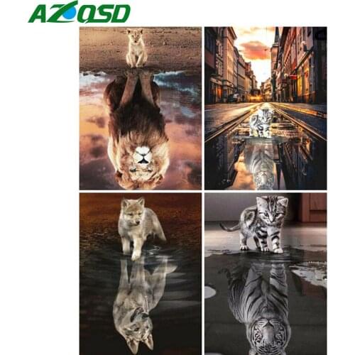AZQSD Diamond Painting Lion Cat Reflection Diamond Embroidery Animal Cross Stitch Mosaic Picture Of Rhinestones Home Decors