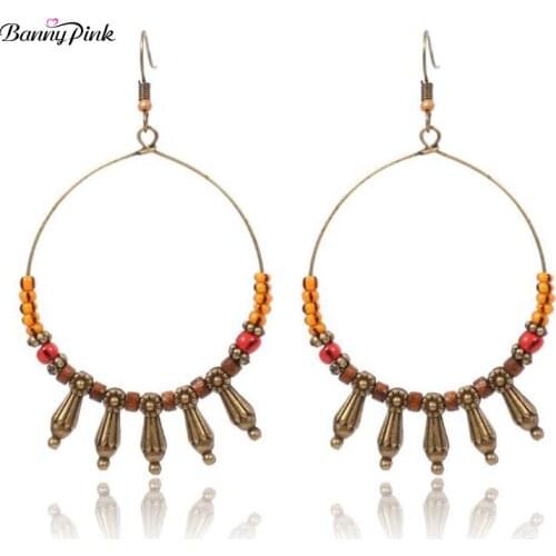Banny Pink Vintage Brass Color Beads Statement Dangle Earrings For Women Chunky Circle Pendant Drop Earrings Fashion Jewelry
