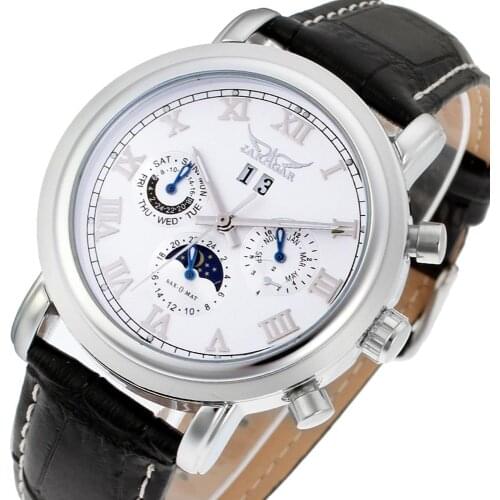Jaragar Classic Black Moon Phase Roman Date Day Genuine Leather Multifunction Automatic Mens Mechanical Watches Business Relogio
