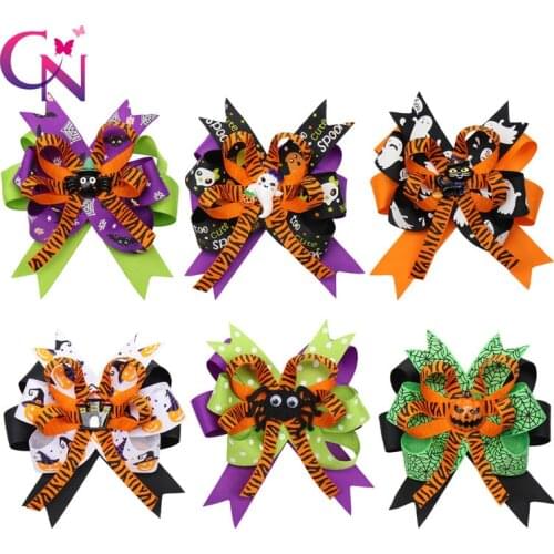 CN 6 Pcs/Lot Halloween Ribbon Hair Bows For Girls Kids Printed Hair Clips Cute Patches Hairpin Festival Party Hair Accessories