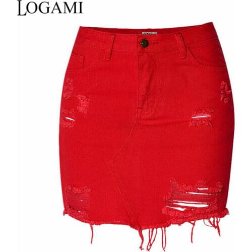 LOGAMI High Waist Denim Skirts Womens Mini Pencil Jeans Skirt Spring Summer Ripped Sexy Women Skirt Red