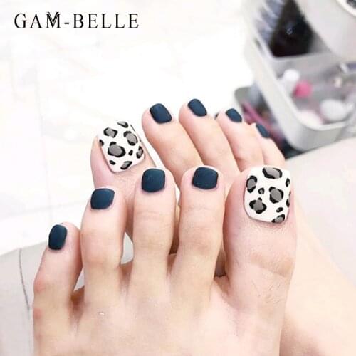 GAM-BELLE 24Pcs Matte Navy Leopard False Nails Detachable Full Cover Press On Toe Nails Artificial False Toenails Manicure Tool
