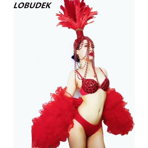 Red Beading Feathers Headgear Rhinestones Bikini Shawl Dance Outfits Female DJ Singer Models Catwalk Party Show Stage Costume