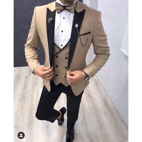 Fashion Beige Men Suits For Wedding Party Peaked Lapel Male Tuxedo Groom Costume Homme Slim Fit Terno Masculino Jacket Pant Vest