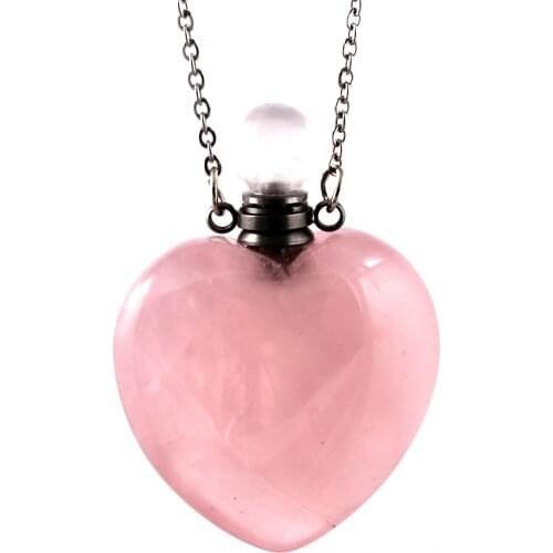 Trendy-beads Stainless Steel Perfume Bottle Natural Rose Pink Quartz Pendant Love Heart Necklace for Valentines Day Gift