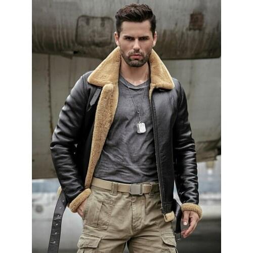 2019 New Shearling Coat Mens Black B3 Bomber Jacket Leather Jacket Mens Winter Coats Fur Jacket Sheepskin Coat