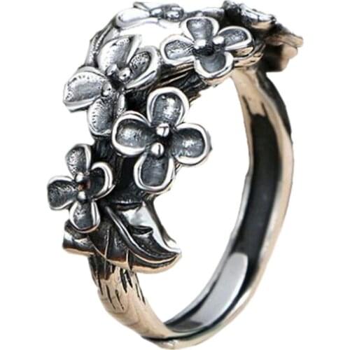 BOCAI New solid New cherry blossom female ring S990 pure silver personalized student ring, simple Japanese and Korean ring