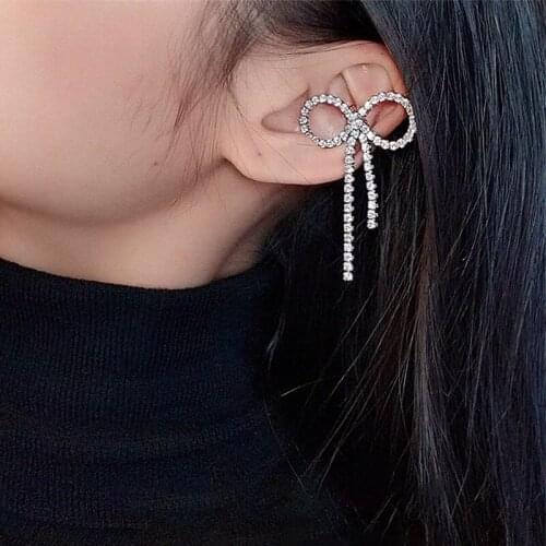 New Crystal Bowknot Clip On Earrings Women Fake Piercing Earbone Clip Female Simple Korean Ear Cuffs 2020 Trendy Jewelry