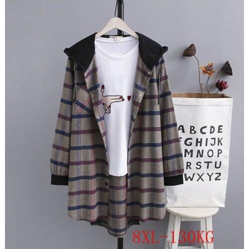 Fall new style womens plus size hooded plaid shirt 5XL-8XL plus size womens pocket single-breasted casual plaid hooded shirt