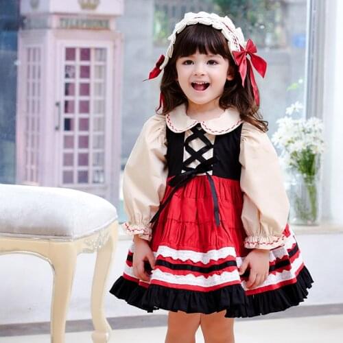 Spanish Lolita Dress For Baby Girls Puff Sleeve Peter Pan Collar Loose Hem Ball Gowns With Headwear Children Kids Party Dresses