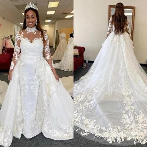 Plus Size Mermaid Wedding Dresses With Detachable Train High Neck Long Sleeve Illusion Appliques African nigerian Bridal Gowns