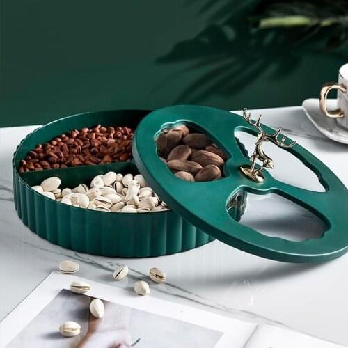 Nordic Style Luxury Plastic Snack Serving Tray with Transparent Cover Household Dry Fruit Nuts Storage Box with Elk Handle