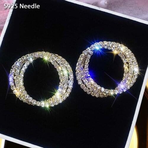 925 Sterling Silver Needle Stud Earrings for Women Jewelry Round Rose Gold Rhinestone Female Earrings