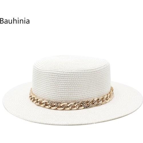 Bauhinia Fashion Chain 2021 Summer Straw Hat Casual Flat Top Panama Beach Hat Wide Brim Breathable Sun Hats For Women
