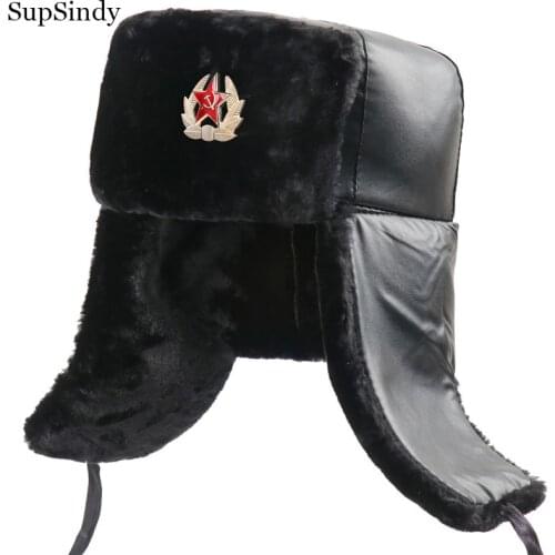 SupSindy Soviet Badge Ushanka Men Winter Bomber Hats PU leather CCCP Army Military Faux Fur Earflap Hat Russia outdoor Snow caps