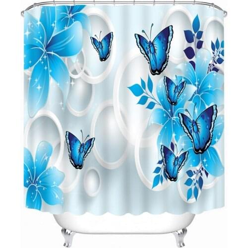 Shower Curtains 3D Circle Purple Flowers and Butterfly Pattern Bathroom Curtains Waterproof Thicken Bath Curtain