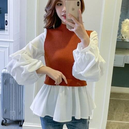 Women Shirt Patchwork Fake 2 Piece Knitted Tops Fall Casual Pleated Lantern Sleeve Turtleneck Slim Ruffle Sweater Ladies Jumper