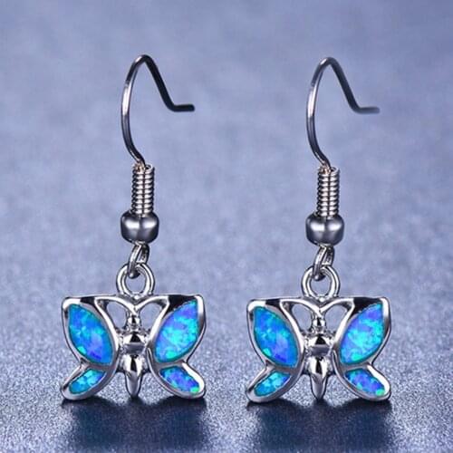 Ladies Exquisite Butterfly Drop Earrings Blue Inlaid Imitation Opal Earrings Silver Color Earrings Wedding Party Fashion Jewelry