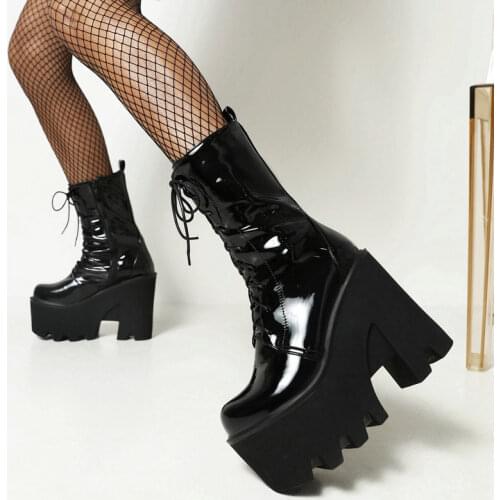 Ladies Patent Leather Autumn Winter Warm Knight Boots Platform Zipper Mid Calf Boots Fashion Cross Tied Slope Heel Womens Shoes