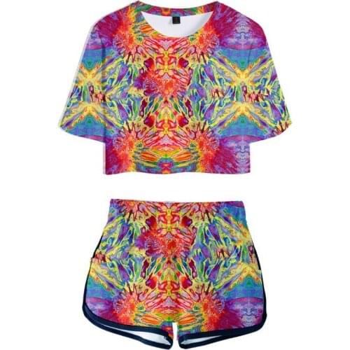 Tie Dye Women Sets Naturl Wave Print Short Sleeve Crop Tops And Hight Waist Mini Shorts Star Dust Prined Two Piece Set Clothes