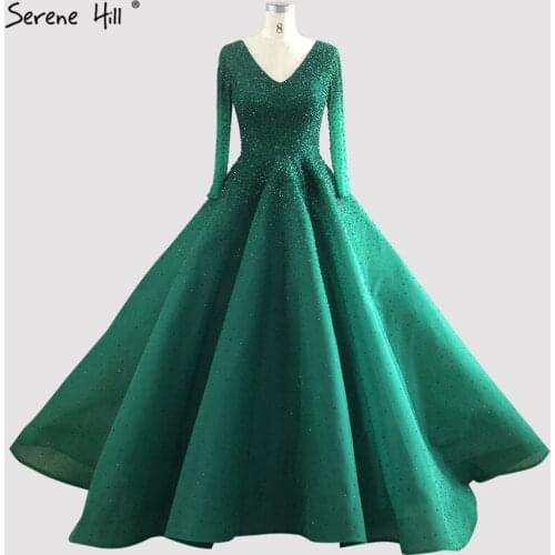 Serene Hill Dubai Green V-Neck High-End Sexy Evening Dress 2020 Design Long Sleeves Crystal Luxury Formal Party Gown CLA70272