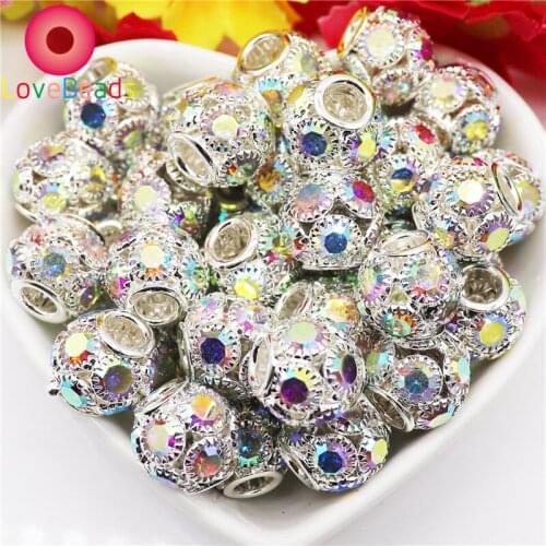 10Pcs Colorful Crystal Micro Pave Setting Rhinestone Round Ball Charms 5mm Big Hole Spacer Beads Fit Pandora Bracelet Necklace