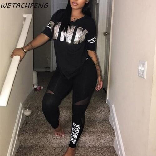 2021 Hot Sale Women Tracksuits PINK Letter Print Casual Tops And Sweatpants 2 Piece Sets Black Casual Loungewear Outfits Clothes