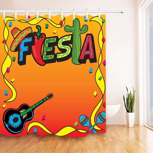 72'' Mexican Fiesta Party Cartoon Guitar Custom Bathroom Waterproof Fabric Shower Curtain Polyester 12 Hooks Bath Accessory Sets