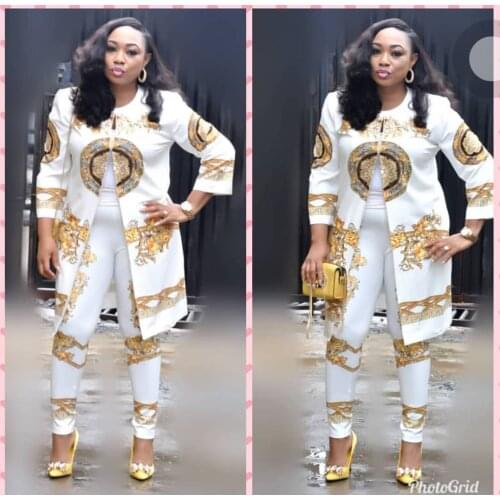 African 2 Piece Set Women Print Elastic Bazin Coat and Long Pant Rock Style Dashiki Office Lady Suit Tops and Legging 2pcs Suits