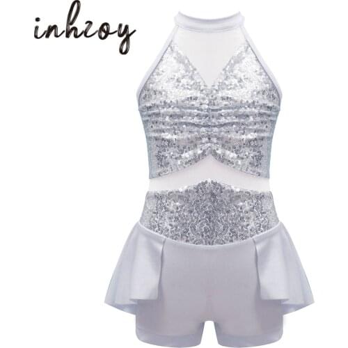 Kids Girls Sequins Ballet Dance Costume Shorty Unitard Dress for Jazz Lyrical Contemporary Figure Skating Dance Wear
