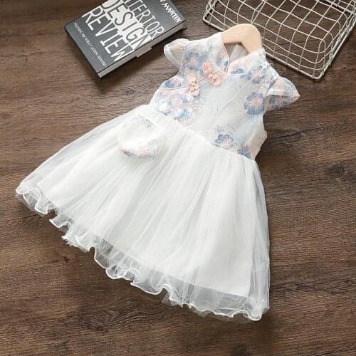 Kids Girls summer clothes baby Chinese style embroidery mesh dress for girls 2 3 4 5 T baby birthday clothing princess dress