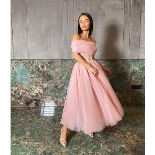 Elegant Short Off Shoulder Pink Evening Dresses Tulle Tea Length Flowy Abendkleid Formal Party Gown for Women