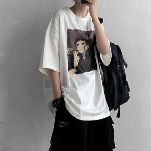2021 Fashion Anime Print Clothes Korean Couple T-Shirts Kpop Men Clothing Ulzzang Oversized T Shirt Printed Short Sleeves Male