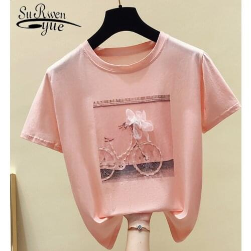 Cotton Women T-shirts Spring Summer New Fashion Cool Print Female Summer T-shirt White Casual T Shirt Femme Pink Loose Top 4767