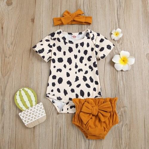 2021 Fashion Newborn Toddler Baby Girls Clothes Sets Leopard Print Short Sleeve Romper Tops Bow Shorts Headband 3pcs Outfit Set