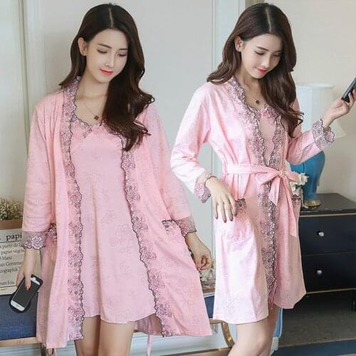 Plus Size 2PCS Sexy 100% Cotton Robes Sets Nightgowns for Women Autumn Lace Long Sleeve Night Dress Sleepwear Bathrobe Two Piece