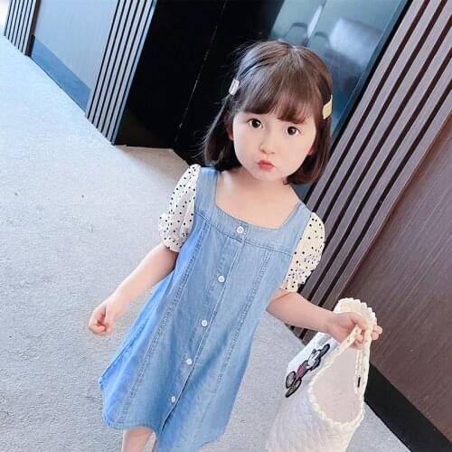LISUNNY 2021 Summer Girls Denim Dresses Children Princess Dress Splicing Short Sleeve Polka Dot Dress Kids Vacation Clothes