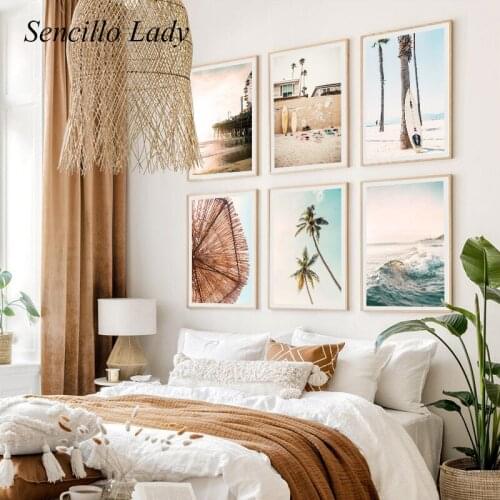 Sea Beach Sunset Landscape Canvas Poster Print Ocean Waves Surfboard Wall Art Painting Nordic Picture Living Room Decoration