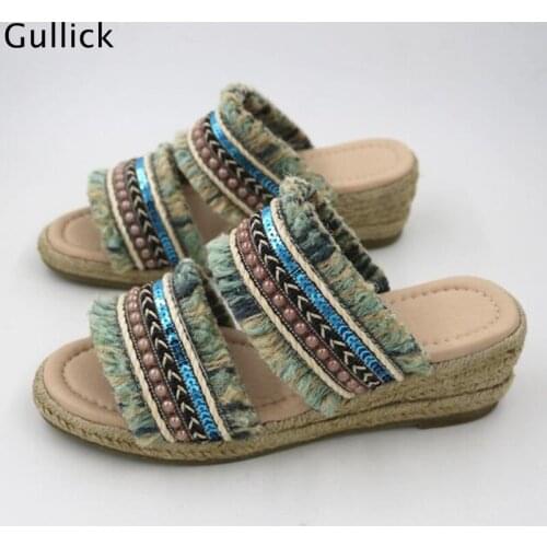 New Arrival Bohemian Style Outside Braided Heels Woman Slippers Wedge Ethnic Chic Beachwear Cool Beading Slides Real Photo