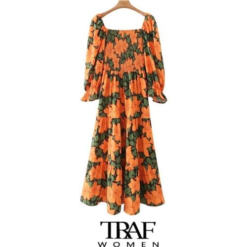 TRAF Za Women Fashion Floral Print Smocked Elastic Midi Dress Vintage Square Collar Long Sleeve Female Dresses Vestidos