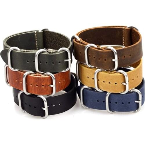 EACHE High Quality 6 Colors Genuine Leather ZULU Watch Straps Band 18mm 20mm 22mm With 5 Silver Rings