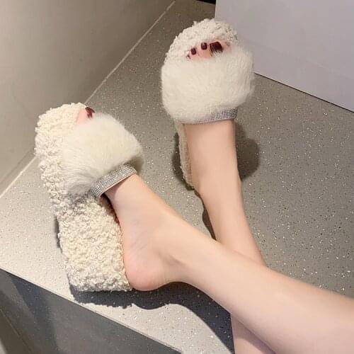 Platform house slippers women fluffy slippers indoor rhinestone winter warm Plush slippers wedges women winter fur slipper home