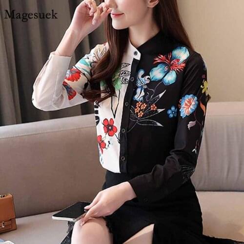 Vintage Fashion Spring 2021 Korean Blouse for Women Flower Contrast Print Black Long Sleeve Chiffon Top Blusas Femininas 8004 50