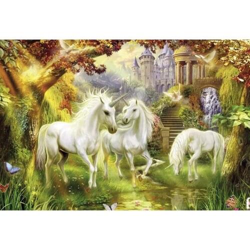 Magic Forest Photography Background Wild White Unicorn Castle Pigeons With Butterflies Backdrop For Baby Shower Photo Booth