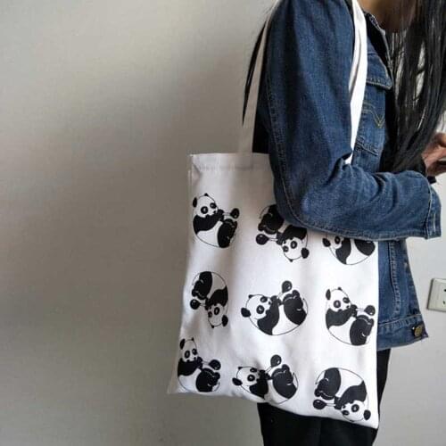 Cute Panda Print Womens Casual Canvas Shoulder Bag Shopping Bag Cotton Cloth Lady Handbag Eco Reusable Large Tote Shopper Bags
