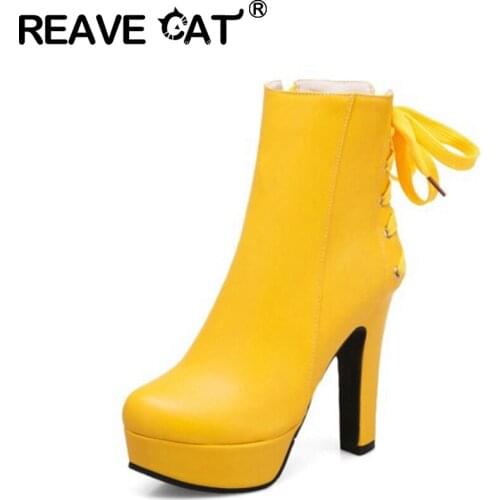 REAVE CAT 2021 Fashion Ladies Ankle Boots Zip Lace Up Platforms Mature Nightclub Round Toe Block Heel White Yellow Black A4520
