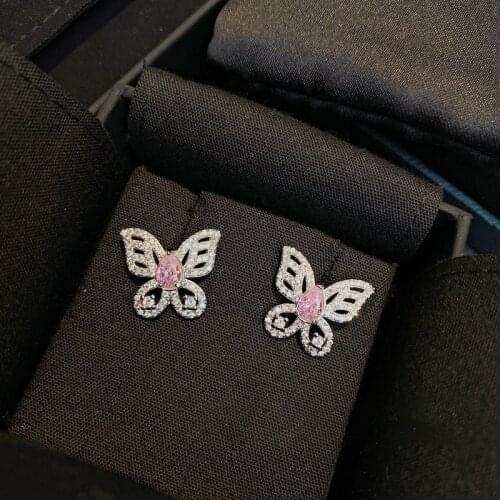 100% 925 Sterling Silver Cute Lace Butterfly Pink Zirconia Earrings For Women Girls Authentic 925 Sterling Silver Fashion Stud