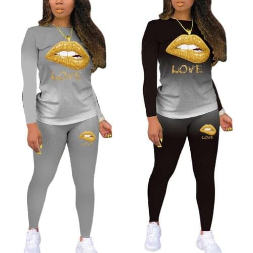 2020 Fashion Women Lip Printed Tie Dye Gradient Long Sleeve Blouse Top Pants Trousers Suit