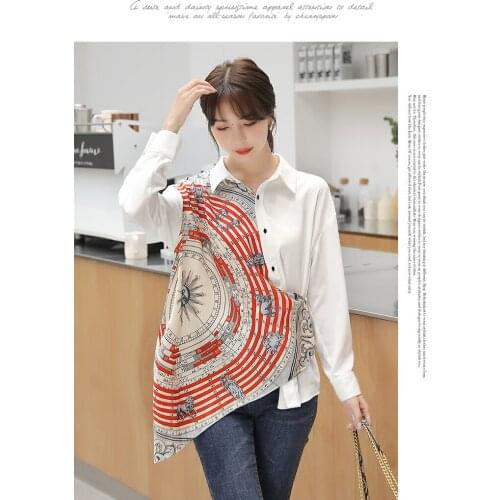 Retro printed silk scarf personality stitching lapel casual versatile shirt womens 2020 autumn new